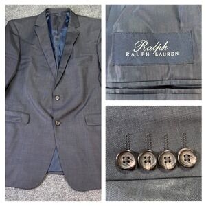Ralph Ralph Lauren Mens 44L Charcoal Gray 100% Wool Sharkskin Blazer Jacket
